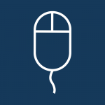 Wir sehen eine weiße stilisierte Computermaus auf blauem Hintergrund. Symbol für Konzeption und Design von Websites, Bannern und online Marketing.