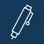 Das weiße Icon auf blauem Hintergrund zeigt einen Fineliner. Symbol für das Zeichnen von Logos und entwickeln eines Brandings.