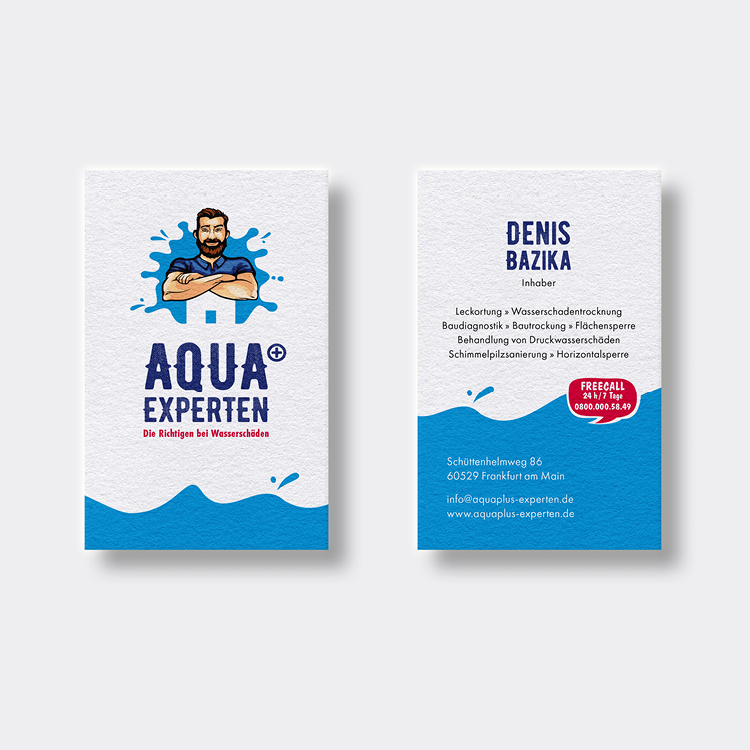 Visitenkarten im Corporate Design der Aquaplus Experten Corporate Design der Aquaplus Experten mit Website, Geschäftsausstattung und Logo für Wasserschaden-Hilfe