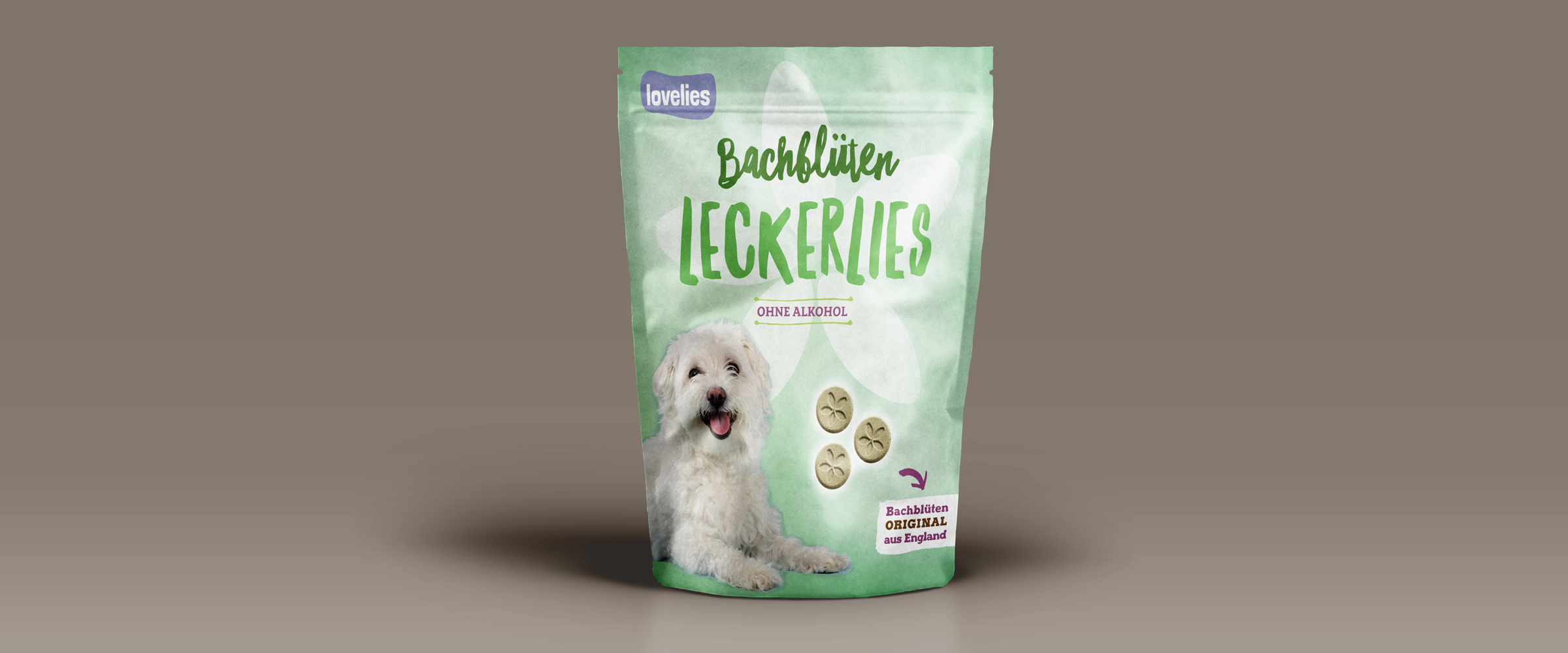 ackungsdesign für Bachblüten Leckerlies von Murnauers mit Hundemotiv