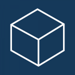 Wir sehen einen weiße stilisierte Würfel auf blauem Hintergrund. Symbol für Design und Gestaltung von Verpackungen.