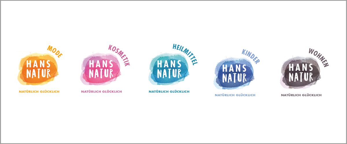 Corporate Design von Hans Natur mit Sortimentslogos für Mode, Kosmetik, Heilmittel, Kinder und Wohnen