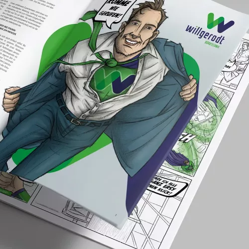Image-Werbung für Willgerodt Bürotechnik mit Büroheld-Illustration auf einer Broschüre