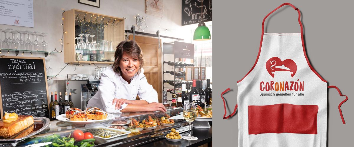 Gema Sanchez von „informal cafe tipo Madrid“ in ihrem Restaurant. Kochschürze mit dem Logo CORONAZÓN